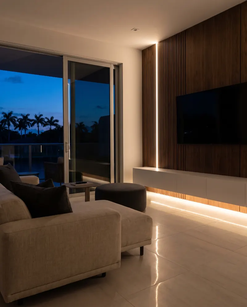 Living room at dusk with a walnut-finish fluted TV wall lit by warm LED lines