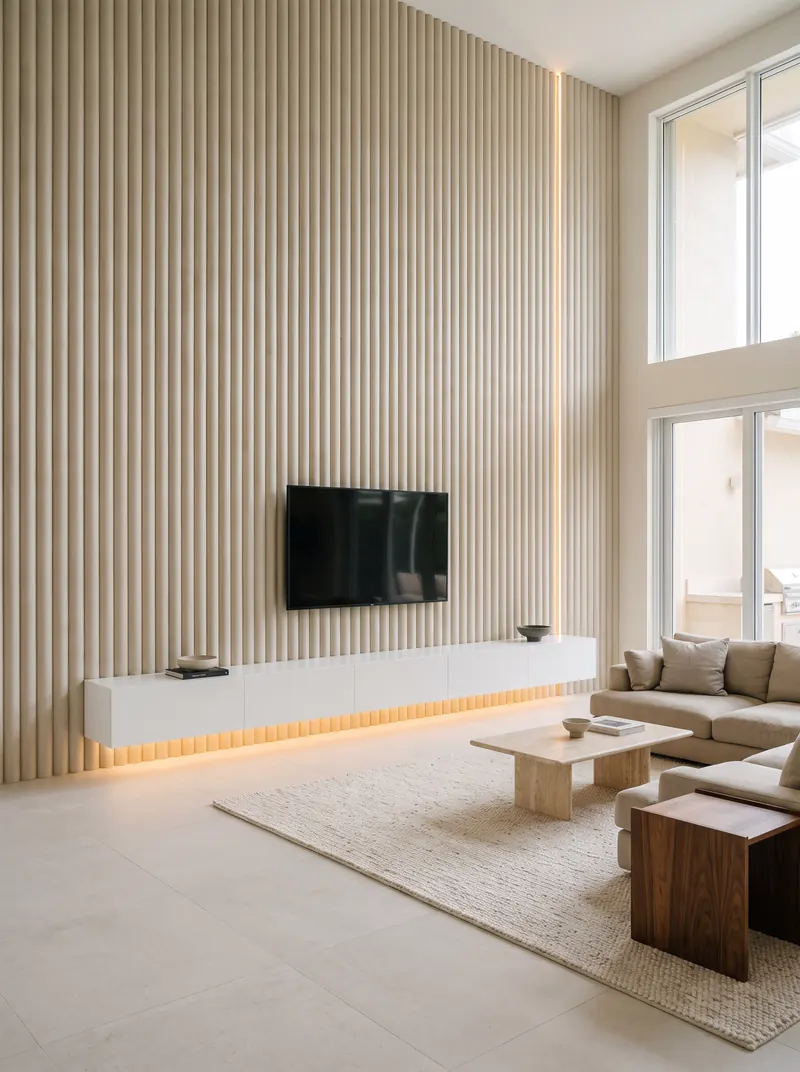 Double-height living room with sand fluted panels and a white floating console