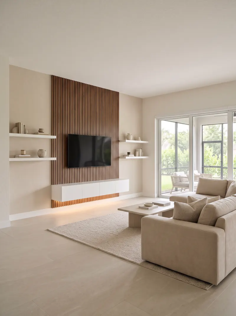 Family room with a walnut-finish panel section and white floating shelves