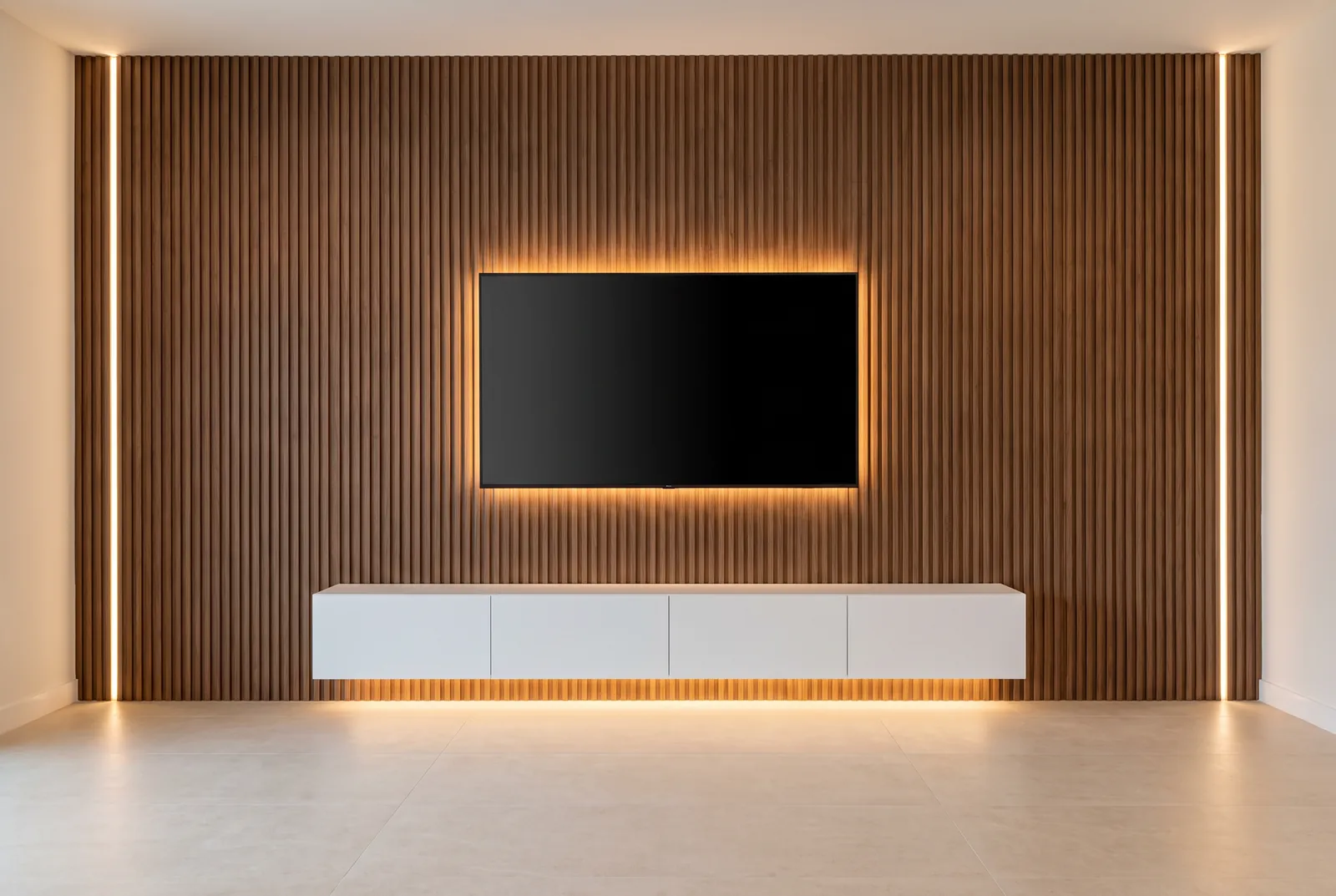 TV wall with walnut fluted and a white floating console, LED on